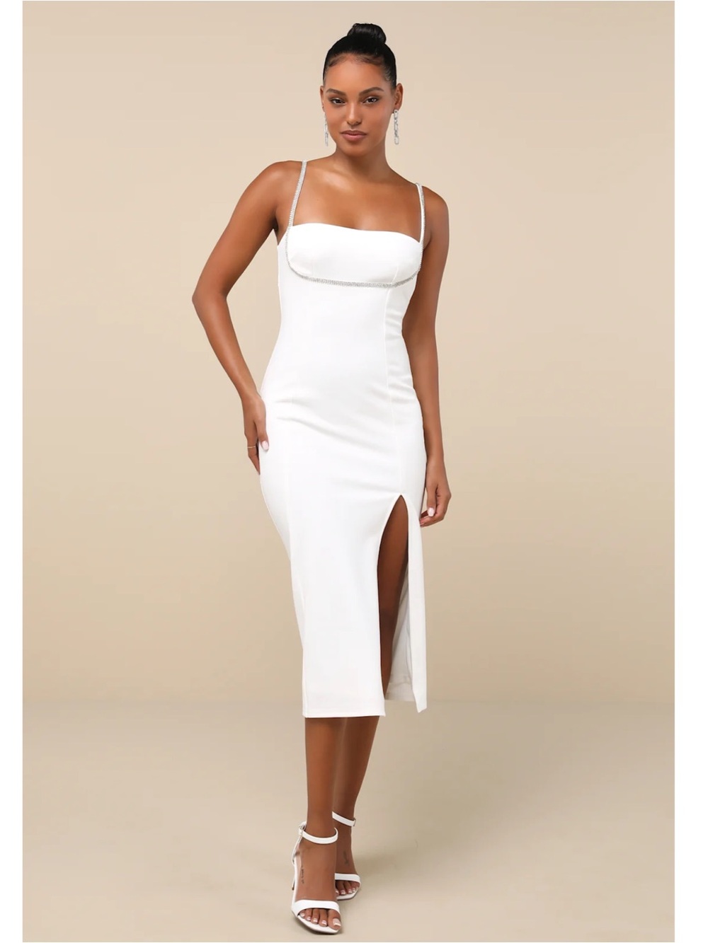 Lulus Upscale Flirt Ivory Rhinestone Sleeveless Bodycon Crepe Knit Midi Dress